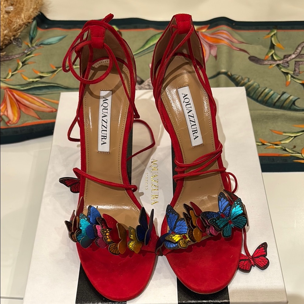 Aquazzura papillon 105 Red Butterfly Embellished Heels US 9